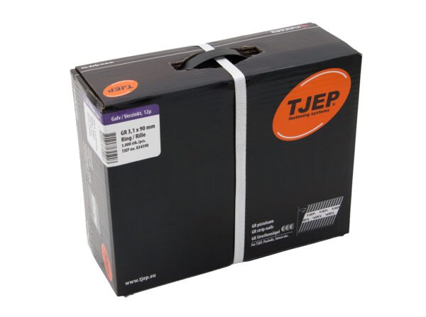 TJEP 34° juostinės vinys 3,1 × 90 mm rifliuotos, cinkuotos 12 µm (EG12) – 3000 vnt.