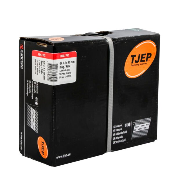 834890_TJEP_GR_31x90_HDG_Box.jpg TJEP 34° juostinės vinys 3,1 × 90 mm rifliuotos, karštai cinkuotos – 3000 vnt.
