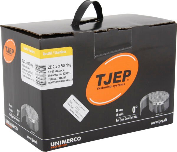 835351_Tjep_ZE25x50_ring_Rustfri_Box.jpg TJEP 0° būgninės vinys 2,5 × 50 mm rifliuotos, A4 nerūdijančio plieno C5, grybuko galva – 1950 vnt.