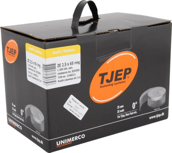 835365_Tjep_ZE25x65_ring_Rustfri_Box.jpg TJEP 0° būgninės vinys 2,5 × 65 mm rifliuotos, A4 nerūdijančio plieno C5, grybuko galva – 1300 vnt.