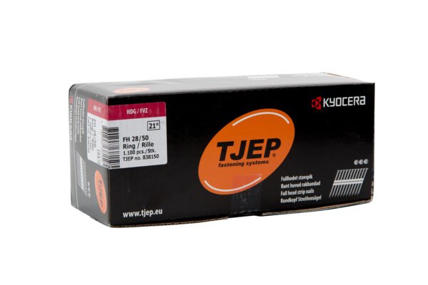 838150_TJEP_FH-28-50_21gr_Varmgalv_Box.jpg TJEP 21° juostinės vinys 2,8 × 50 mm rifliuotos, karštai cinkuotos – 1100 vnt.