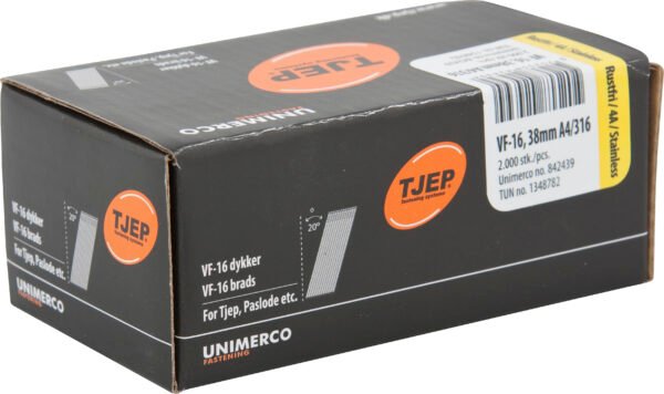 TJEP 20° apdailinės smeigės 16G 1,6 × 38 mm, A4 nerūdijančio plieno – 2000 vnt.