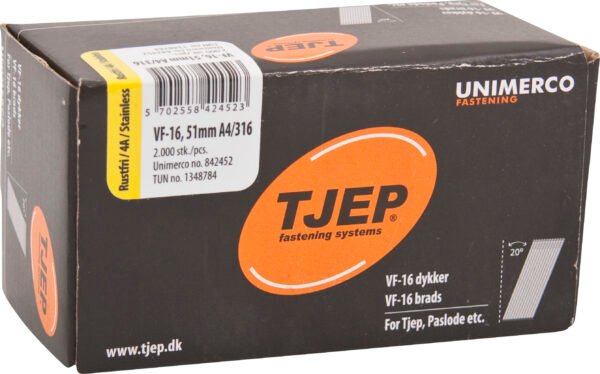 TJEP 20° apdailinės smeigės 16G 1,6 × 51 mm, A4 nerūdijančio plieno – 2000 vnt.